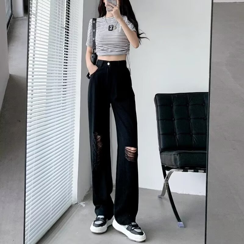 Black Ripped Jeans Women's Straight Loose Summer New High Waist Slimming Elegant Small Men's Wide Leg Pants Black Ripped Jeans Women's Straight Loose Summer New High Waist Slimming Elegant Small Men's Wide Leg Pants