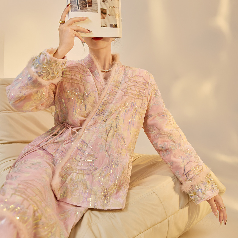 Winter Chinese Style Accessible Luxury Mink Fur Trimmed Lace-Up Warm White Duck down Jacket Jacket and Skirt Suit Ny009