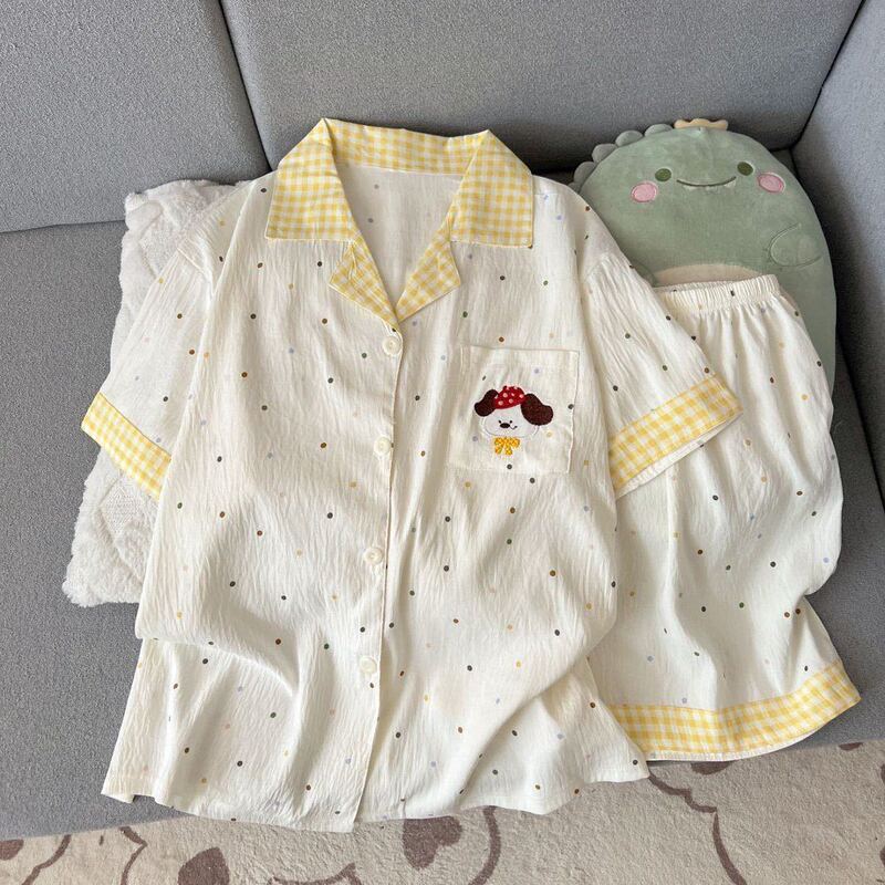 Cross-Border Foreign Trade Color-Blocked Collared Short-Sleeve Shorts Cloud Cotton Turn-Down Collar Sweet Loose Plus-Size Women's Pajama Set