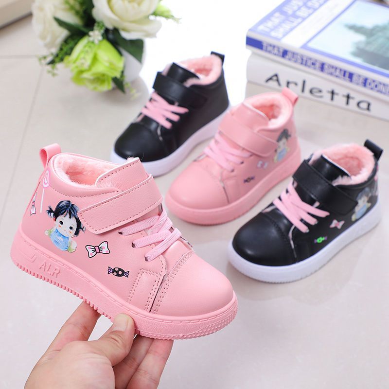 2020 winter new pattern girl Plush Cotton-padded shoes Little Girl waterproof Leather keep warm gym shoes thickening Warm shoes