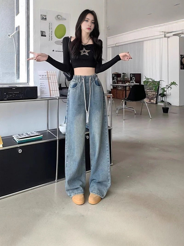 松紧抽绳宽松阔腿牛仔裤女秋季2025新款百搭休闲高腰显瘦拖地长裤|undefined
