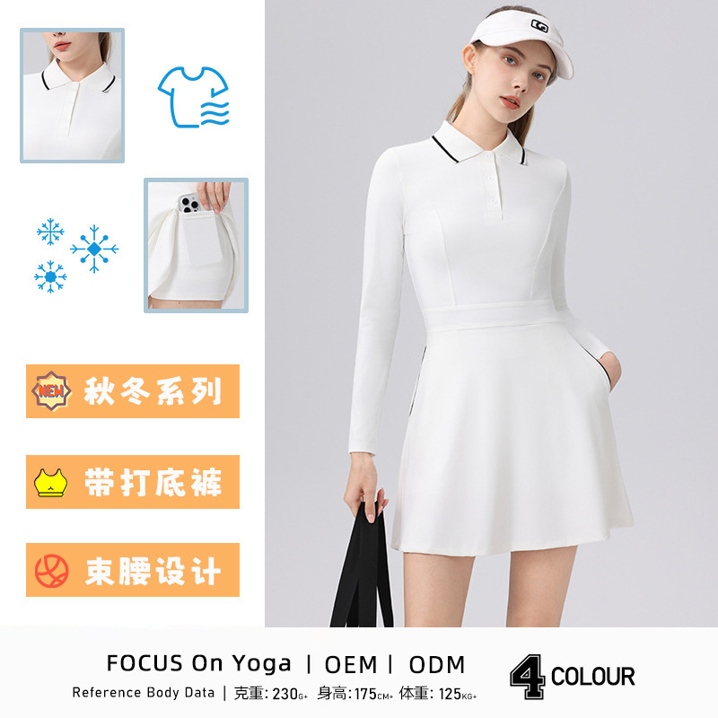 Tennis Dress with Long Sleeves, Polo Collar, Side Pockets, Color-Blocking, Slim Fit, Versatile Golf Outfit for Women