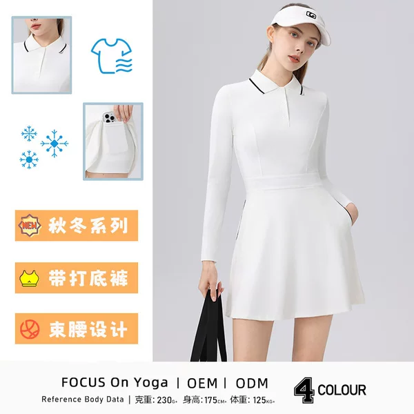 Tennis Dress with Long Sleeves, Polo Collar, Side Pockets, Color-Blocking, Slim Fit, Versatile Golf Outfit for Women