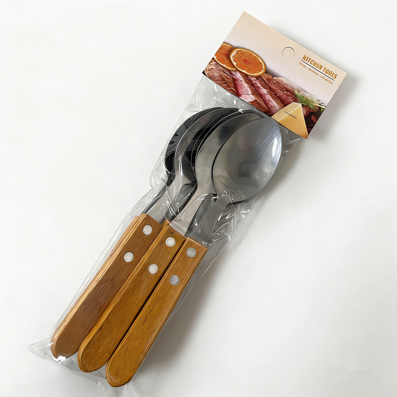 Comercio exterior de acero inoxidable cuchillo tenedor cuchara set 6pc mango de madera cuchillo de filete tenedor set 3pc cubiertos al por mayor