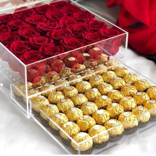 2020新款透明亚克力玫瑰花盒，带抽屉，用于巧克力婚礼鲜花礼品盒