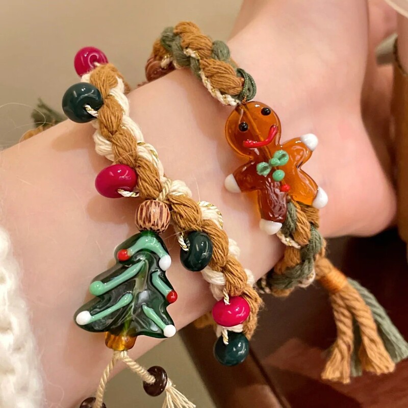 Christmas Tree Gingerbread Man Handmade Woven Rope Bracelet Autumn and Winter Cute Creative Christmas Hand Rope Vintage All-match Bracelet