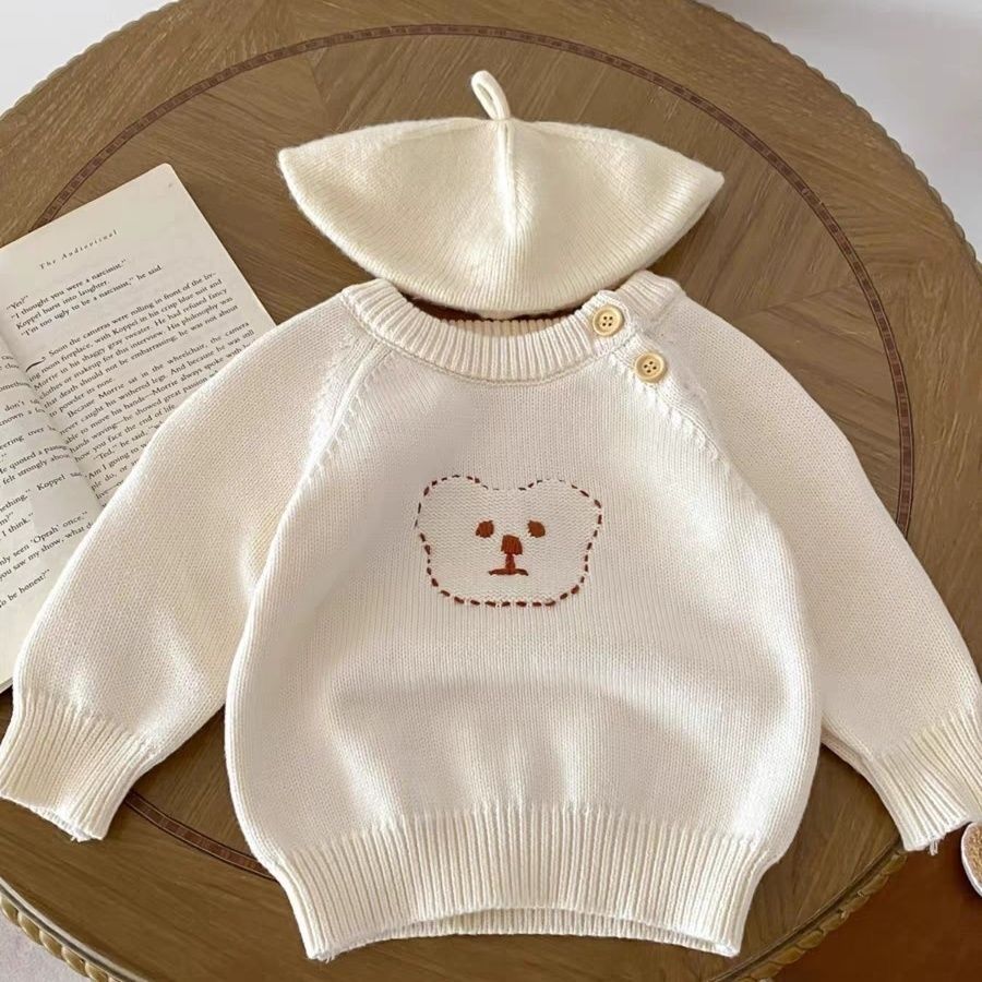 婴儿圆领套头针织衫上衣男女宝宝可爱开肩扣长袖毛线衣春秋装衣服