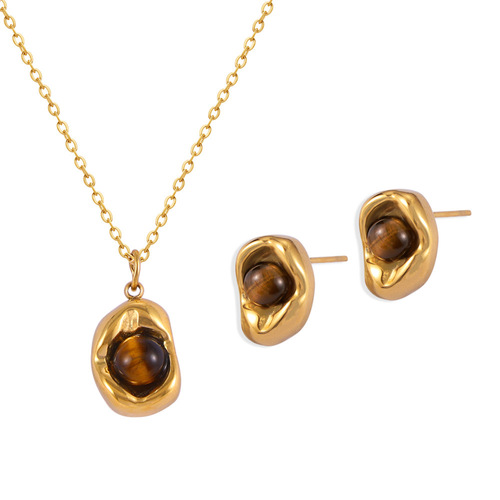 Vintage English-style niche accessory with an indented elliptical pendant featuring tiger's eye stone, designed titanium steel jewelry set