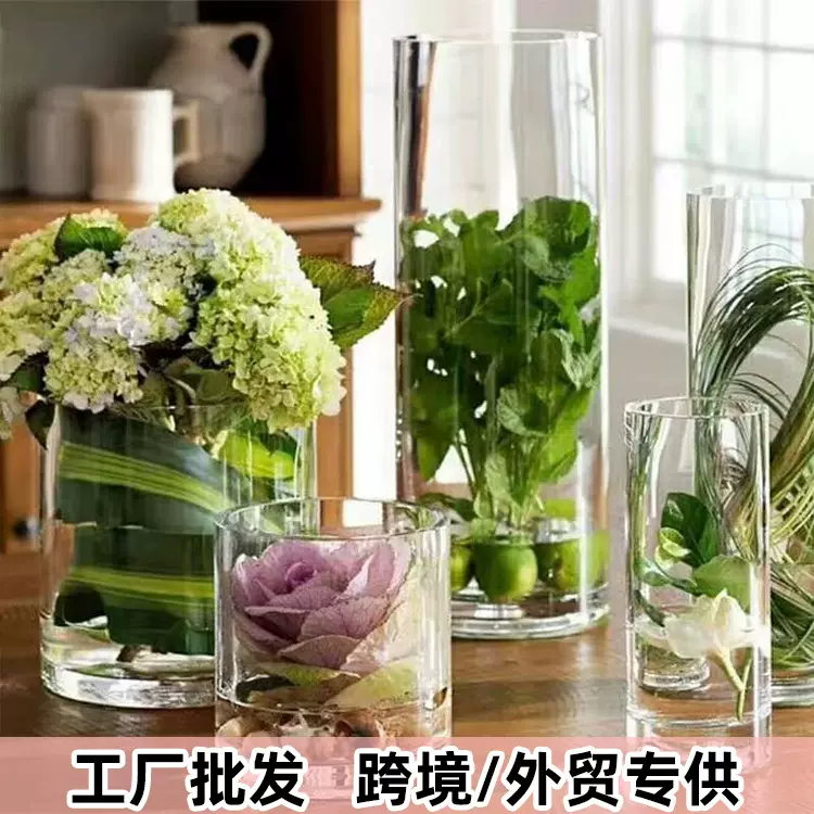 跨境花瓶玻璃瓶创意圆柱透明花瓶客厅摆件饰品玻璃瓶家居装饰摆件