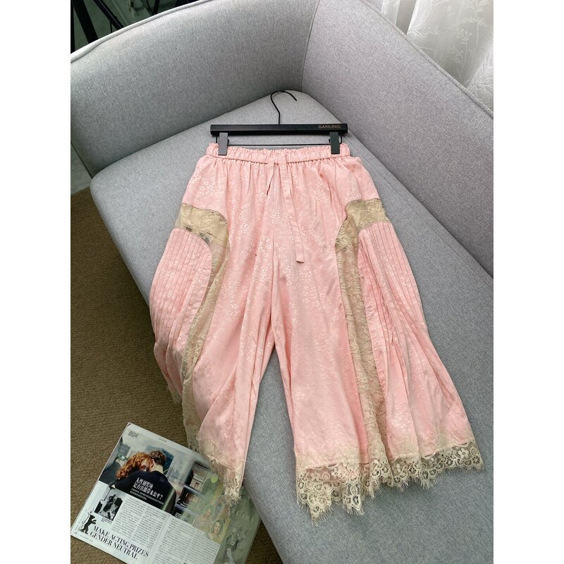 Trendy and Unique~ Gentle, Sweet, and Cool Style Lace Patchwork Satin Wide-Leg Pants for Women, High-Waisted, Elastic Waist, Loose-Fitting Cropped Pants