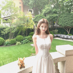 JMSHOP 白色桔梗 少女感绑带收腰连衣裙女夏大方得体无袖长款裙子