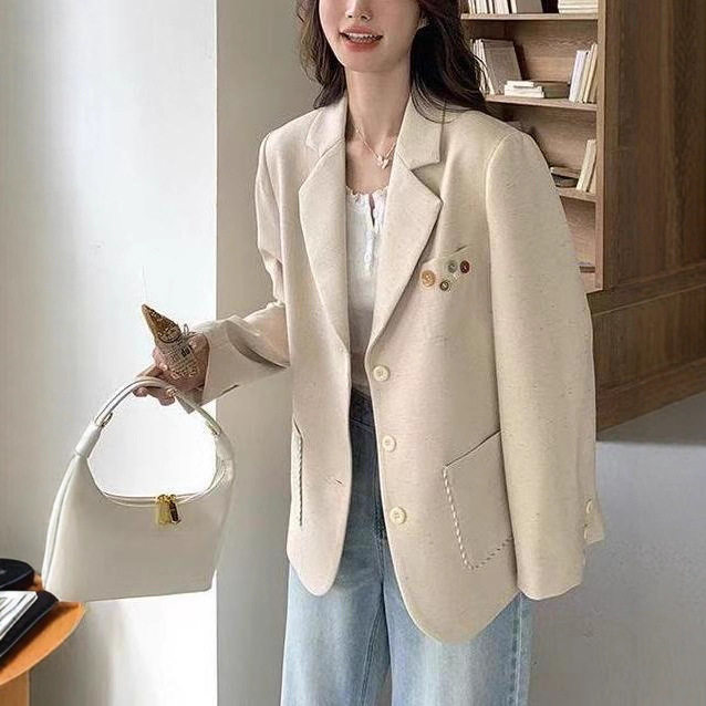 Áo vest nữ dáng suông thanh lịch, tay dài, cổ vest, phong cách công sở — Màu yến mạch (chất lượng cao)