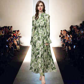 欧洲站2024春夏季新款女装圆领系带喇叭长袖绿色印花松紧腰压褶裙