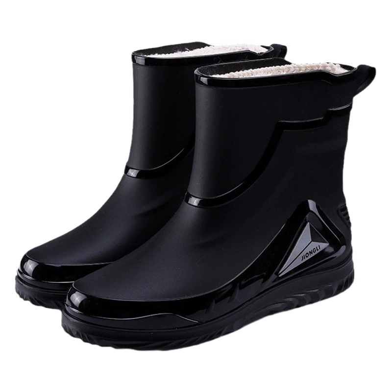 Комплект модных дождевых сапог, мужские новые Нескользящие резиновые сапоги средней длины с короткой трубкой, короткая Водная обувь на флисовой подкладке, работа на открытом воздухе, трансграничная
