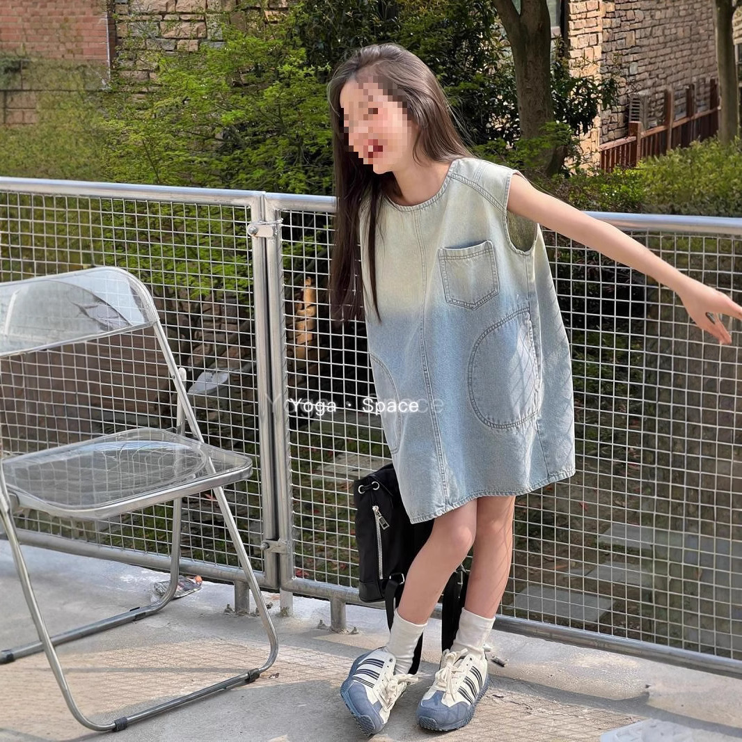 Korean Children's Clothing 2024 Summer New Gradient Color Denim Sleeveless Dress Skirt for Girls Versatile and Fashionable