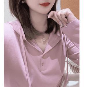 春秋季长袖连帽卫衣洋气时尚休闲百搭显瘦薄款纯色带帽恤极简风|undefined