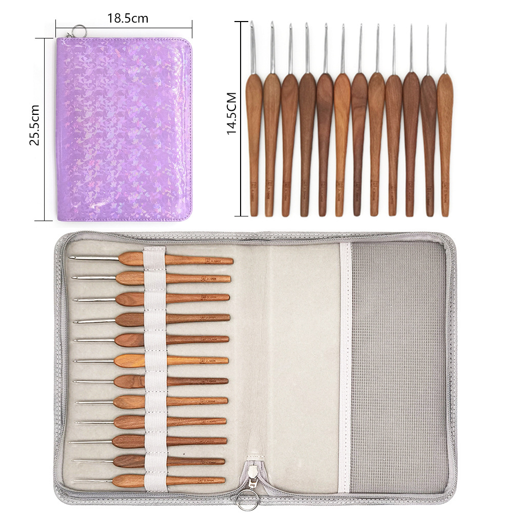 Transfronterizo DIY madera de sándalo verde mango de acero inoxidable ganchillo NiceMet mano pura pulida verde ganchillo 12 conjuntos