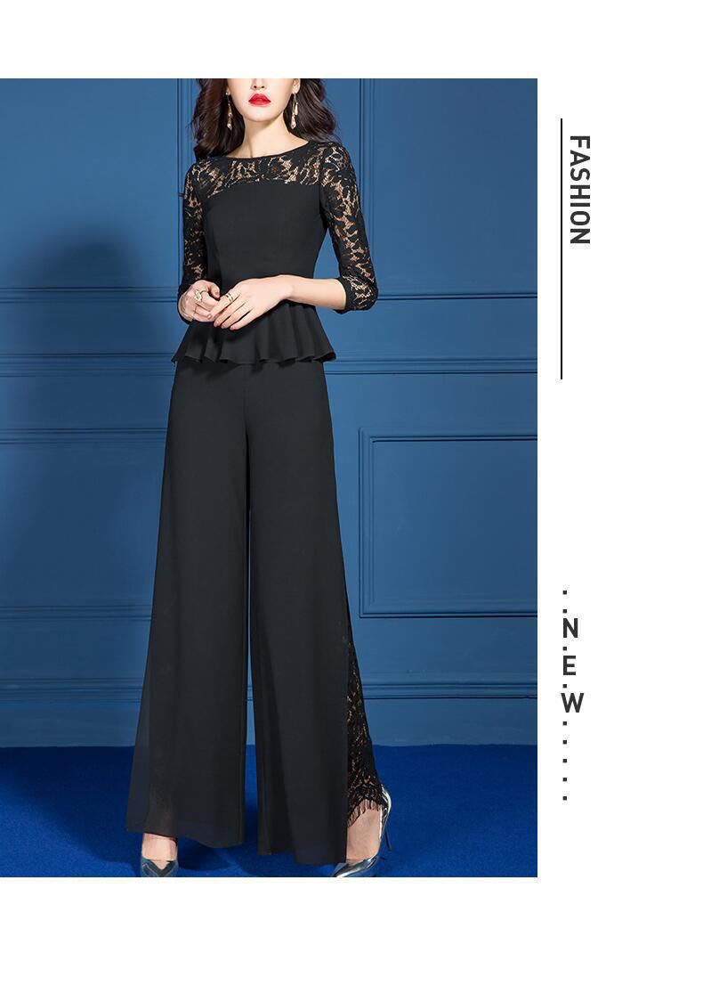 High Waist Waist Line Regular Top Length Fashionable Black Lace Wide Leg Pants Set Spring Summer Outfit Two Piece Set Slimming Trendy Commute Style Polyester Blend