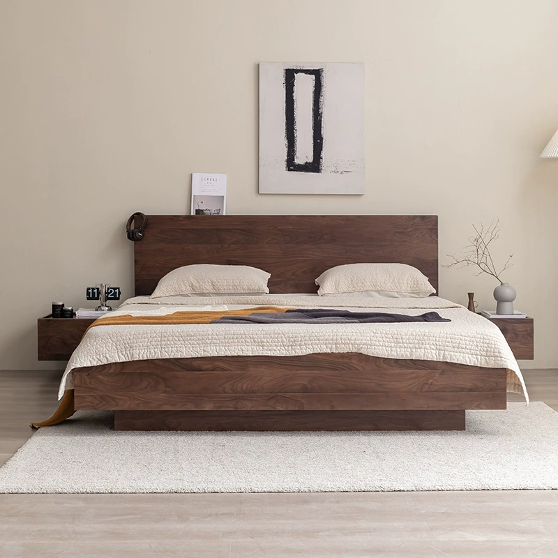 Современные простые татами подвеска с высоким ящиком для хранения давления воздуха пол из цельного дерева черный орех двуспальная кровать в скандинавском японском стиле