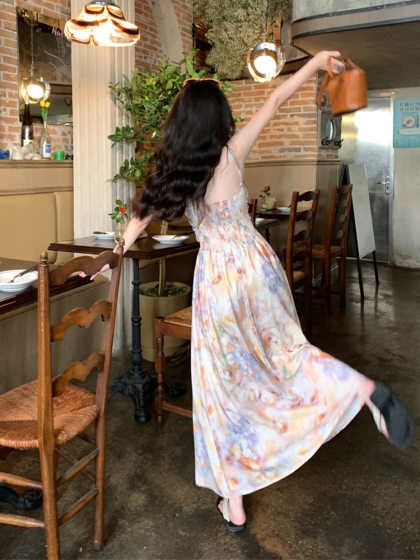French Retro Oil Painting Floral Neck Hanging Sling dress Women's Summer Vacation Style Elegant Backless Waist Long Skirt