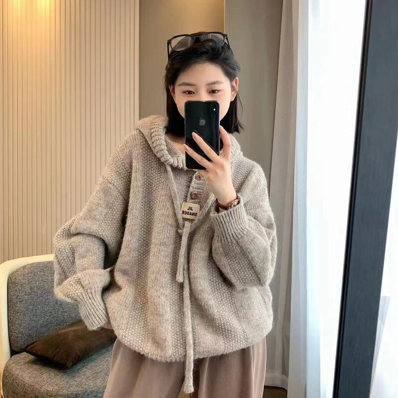 韩版宽松慵懒风连帽毛衣女秋冬2025新款软糯加厚抽绳针织卫衣上衣|undefined