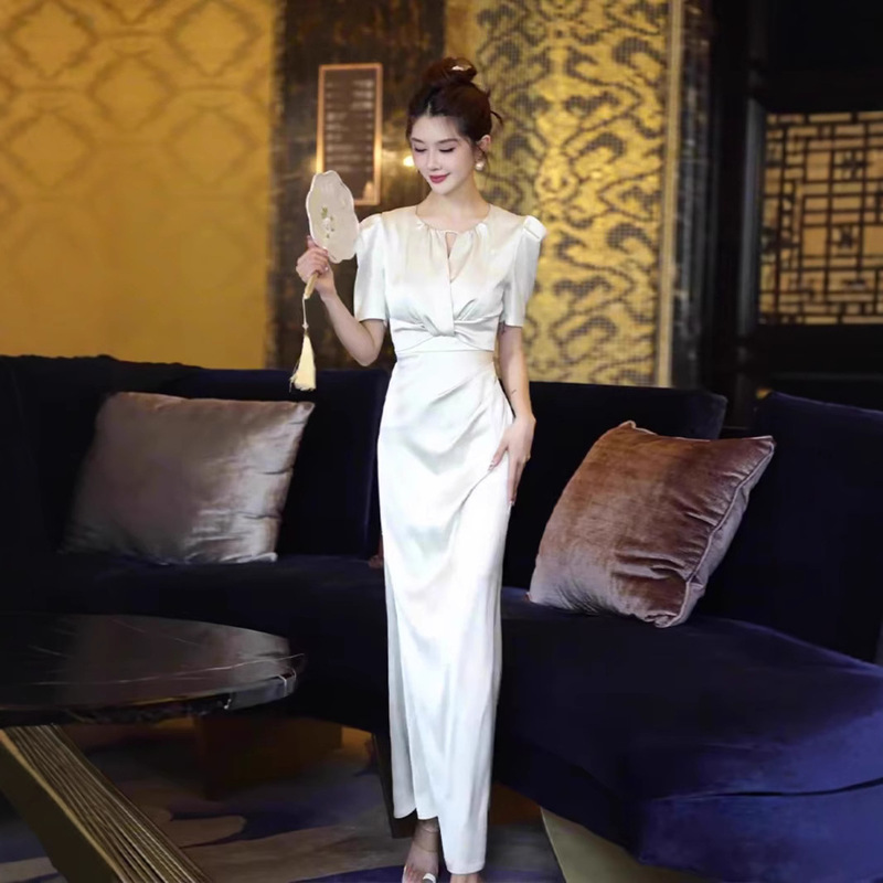 Royal Sister Style White Satin dress Summer Women's High-end Exquisite Formal Occasion French Style Elegant Long Dress