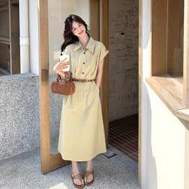 卡其色工装连衣裙女2026夏季新款韩系复古休闲气质收腰显瘦衬衫裙