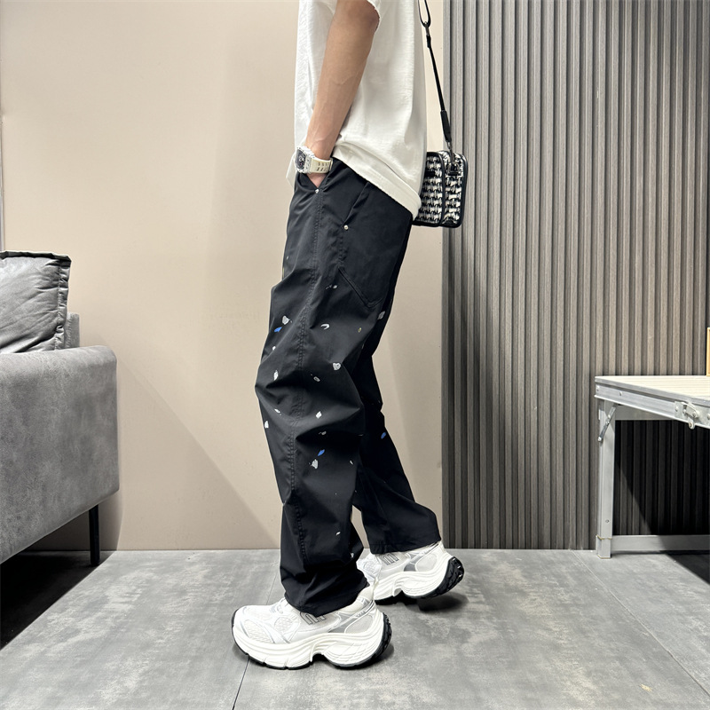 Pantalon décontracté à coupe étroite pour homme, coupe ample, coupe droite, coupe incurvée, sensation haut de gamme, effet vieilli, encre éclaboussée_voghion.com