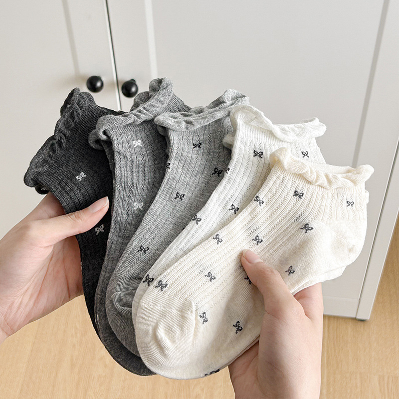 Lace Socks Women's Socks Pure Cotton Summer Thin Mesh Breathable Sweat-Absorbent Girl's Bow Low-Cut Versatile Shallow Boat Socks