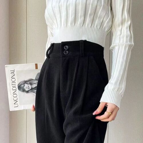 Black Denim Trousers with Wide Leg Design for Plus Size Women, Suitable for Spring, Autumn, and Winter with Fleece Lining, Straight Leg Corduroy Pants for Short Figures