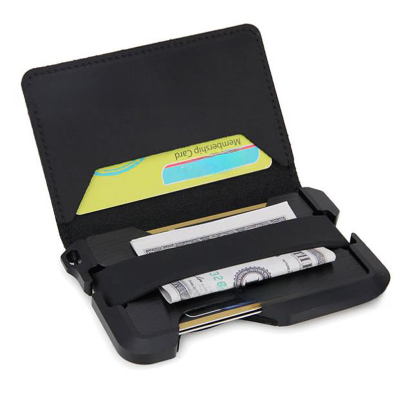 Cross-border exclusive top-layer leather aluminum alloy card holder with superfiber leather and metal, double folding design, RFID blocking function