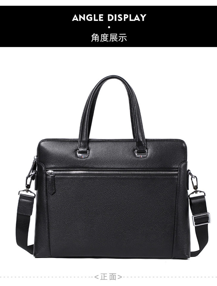 Cặp công sở mỏng da bò thật hai dây kéo, túi xách tay đeo chéo vai cho nam, đựng laptop 14 inch, 38,5×6×28 cm — Màu đen chi tiết 13