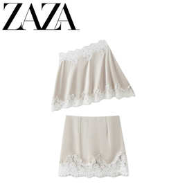 ZAZA 自制欧美风 批发女装 时尚百搭 蕾丝斜肩上衣+迷你短裙套装