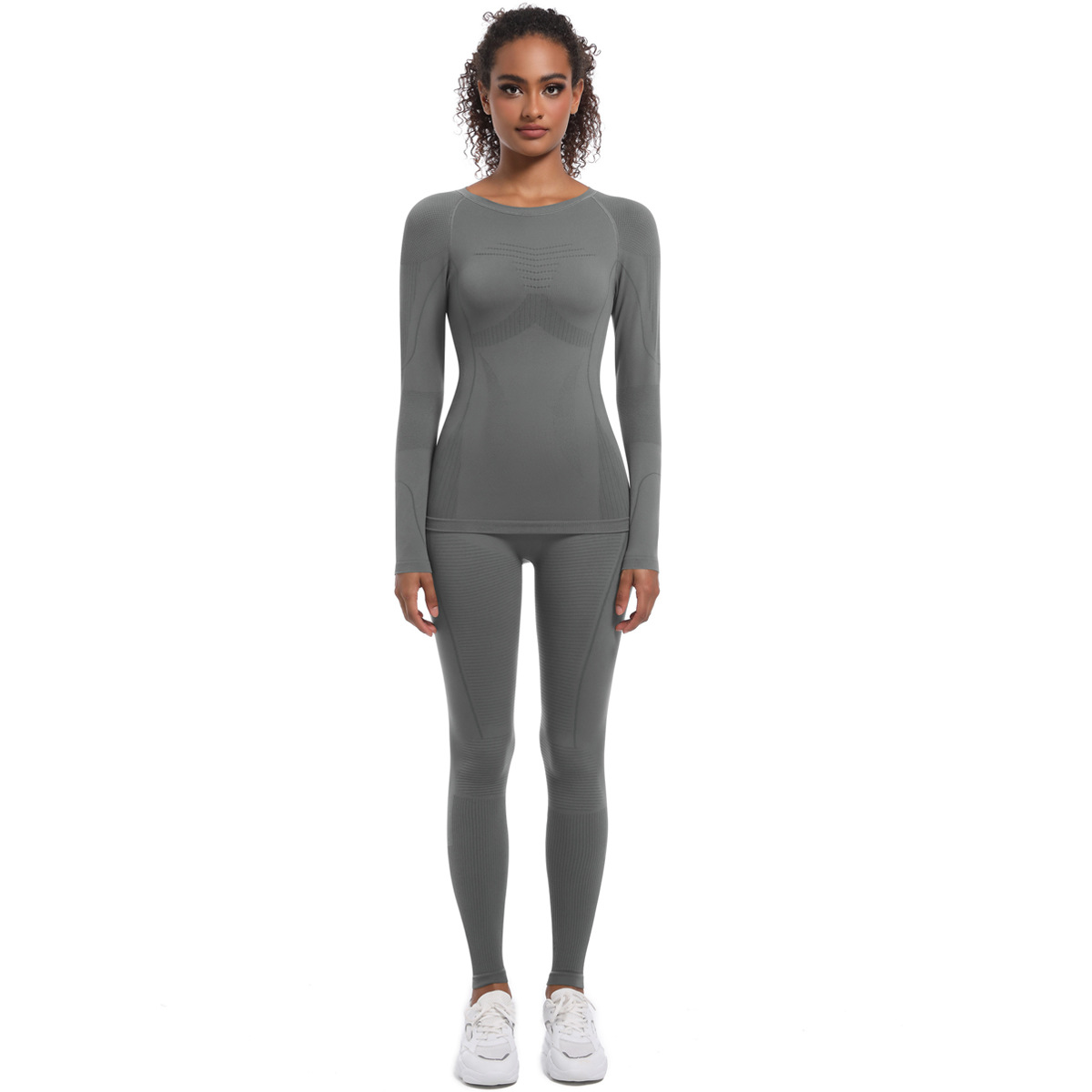 Nuevo cross-border sin costuras ajustado traje de esquí de cintura alta traje de plástico conjunto de deporte correr bicicleta manga larga ropa de yoga mujer
