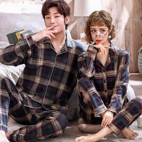 Más tamaño par pijamas manga larga 100% algodón de mediana edad y ancianos papá desgaste del hogar Primavera, otoño e invierno a cuadros desgaste del hogar