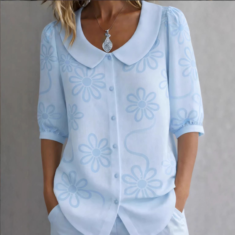 2026 Women's Spring and Summer New Cross-Border Tops Casual Urban Button Floral Print Doll Collar Half-Sleeve Tops 2026 Women's Spring and Summer New Cross-Border Tops Casual Urban Button Floral Print Doll Collar Half-Sleeve Tops