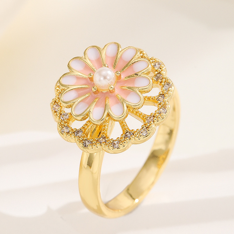 18K oro real color-preservar la suerte de la hierba estilo coreano transfronterizo diamante incrustado rotación de moda abierto anillo ajustable