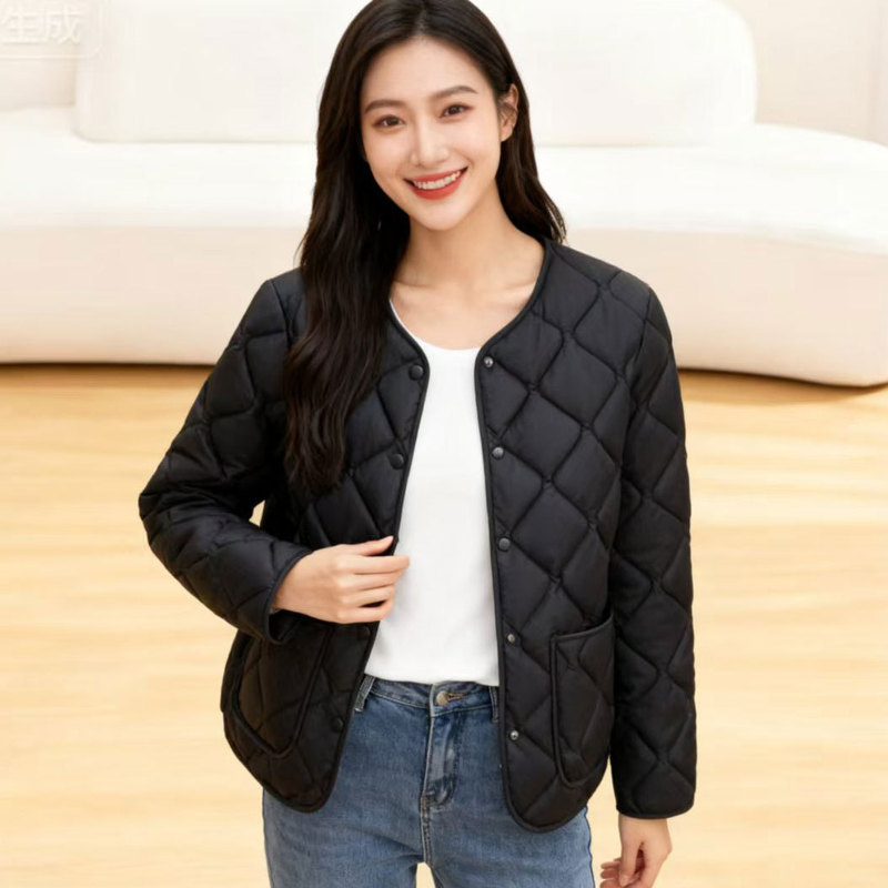 圆领内胆棉服女冬季新款修身打底V领纯色显瘦保暖短款轻薄小棉袄|undefined