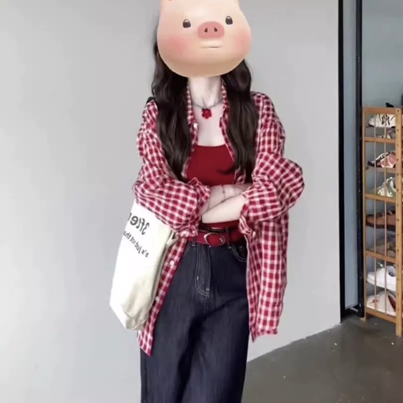 韩系复古红色格子衬衫外套女夏季新款松弛感休闲衬衣宽松防晒上衣|undefined