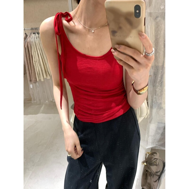 French-Style Spicy Girl Style Korean Version Tie-Neck Vest for Women, Summer Design, Slim-Fit Shirt, Trendy Black Camisole Top