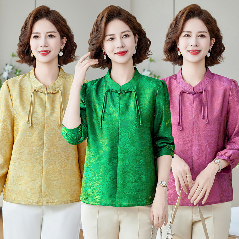 Mom's New Chinese Style Early Autumn Fashion Shirt Middle-Aged and Elderly Spring and Autumn Retro Chinese Style Long-Sleeved Shirt Tops for Women