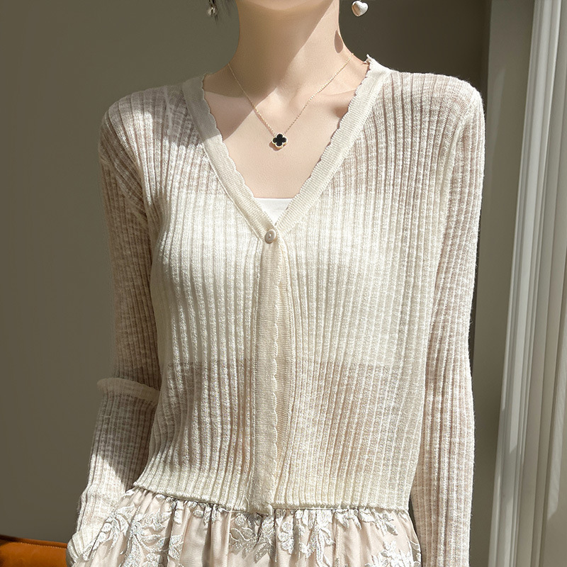 Ice Silk V-Neck Thin Knitwear Cardigan Coat Women's Short High Waist Dress Sling Outer Shawl Blouse Black