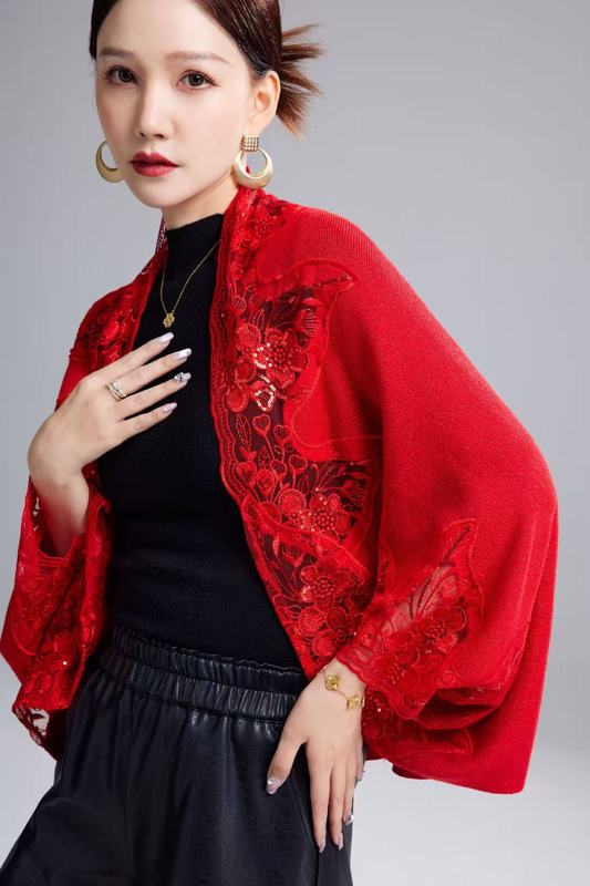 直播热销春秋款喜婆婆重工刺绣旗袍外搭婚礼妈妈斗篷外套短款披肩|undefined