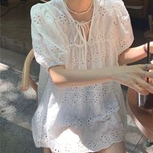 法式白色设计感镂空蕾丝上衣女装夏季薄款宽松短袖衬衫泡泡袖衬文