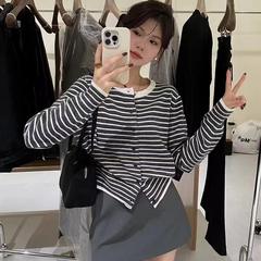 韩系黑白条纹短款针织开衫女春秋季感穿搭慵懒风宽松毛衣外套