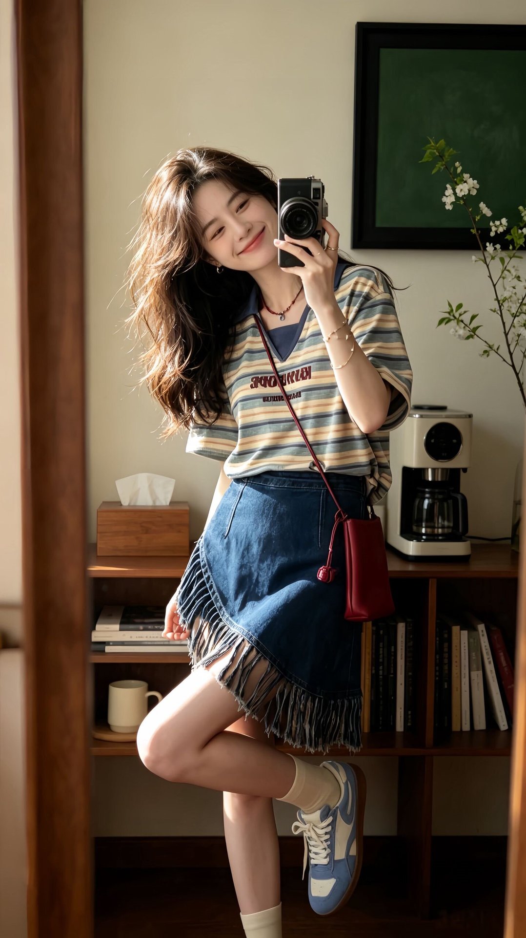 Bộ áo thun sọc ngắn tay kết hợp chân váy jean nữ phong cách Hàn Quốc — Trang chủ chi tiết 2