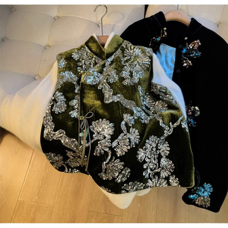 High-end Wear Heavy Industry Sequin Embroidered New Chinese Style National Style Vest Women's 2025 Winter Unique Velvet Vintage Jacket