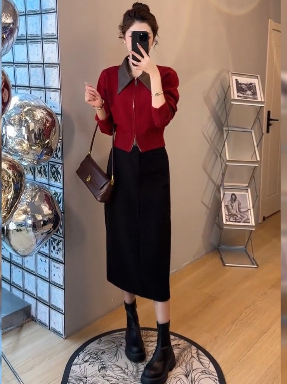 韩系穿搭时尚套装裙秋季显瘦气质减龄拉链针织毛衣半身裙子两件套|undefined