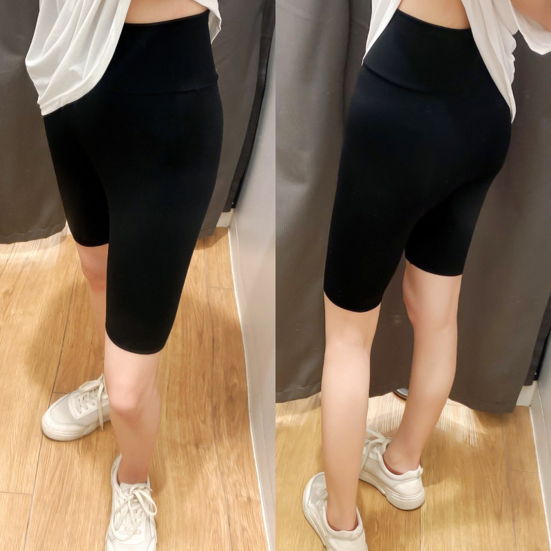 夏のサメの皮のレギンスの女性は薄いタイプの高腰を着てお尻を上げて腹の弾力の大きいサイズの中でズボンのヨガの5分のズボンを収めます。|undefined