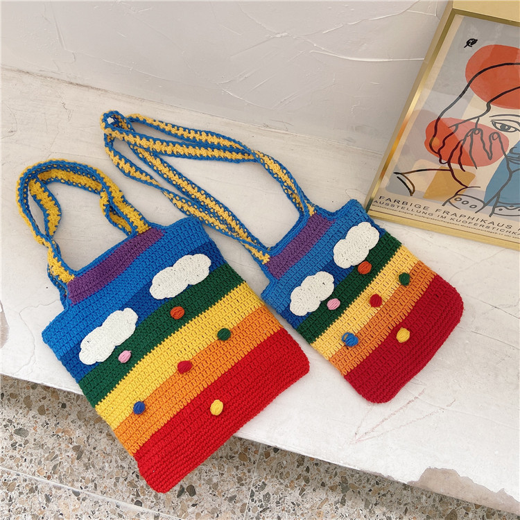 Frau Mittel Stoff Wolken Regenbogen Streifen Süß Quadrat Offen Schultertasche display picture 39